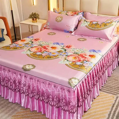 3Pcs/Lot Double Bed Sheet Set Classic Lace Royal Blue Bed Sheet Bed Skirt