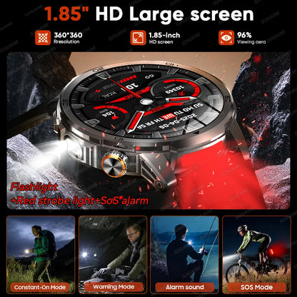 2026 New Outdoor Military Smart Watch For Men 1.85" AMOLED 1000mAh Battery IP69K Swim Flashlight Heart Rate Wireless Call Watchs