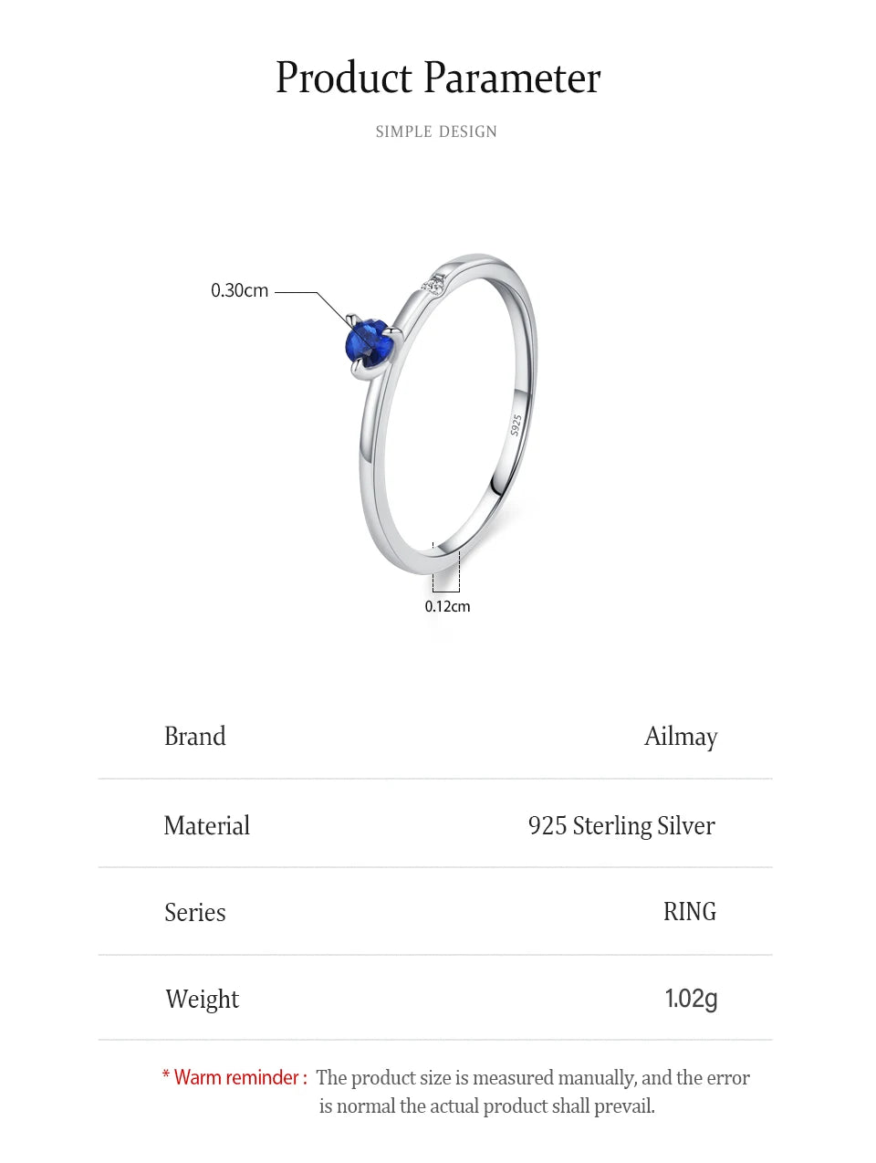 Ailmay Genuine 925 Sterling Silver Simple Navy Blue Zircon Ring for Women Fashion Minimalist Ring Fine Jewelry