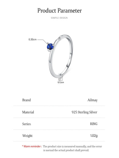 Ailmay Genuine 925 Sterling Silver Simple Navy Blue Zircon Ring for Women Fashion Minimalist Ring Fine Jewelry