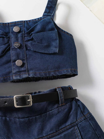 The girl-loved denim pleated skirt set features a bow blouse with an attached belt.