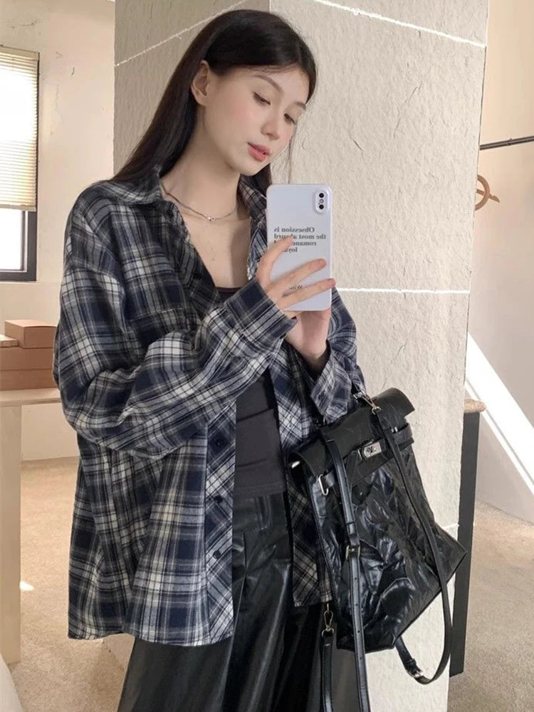 Zoki American Y2K Plaid Shirt Women Loose Streetwear Long Sleeve Vintage Blouse Casual Oversize All Match Female Spring Tops New - AMULET RING STORE