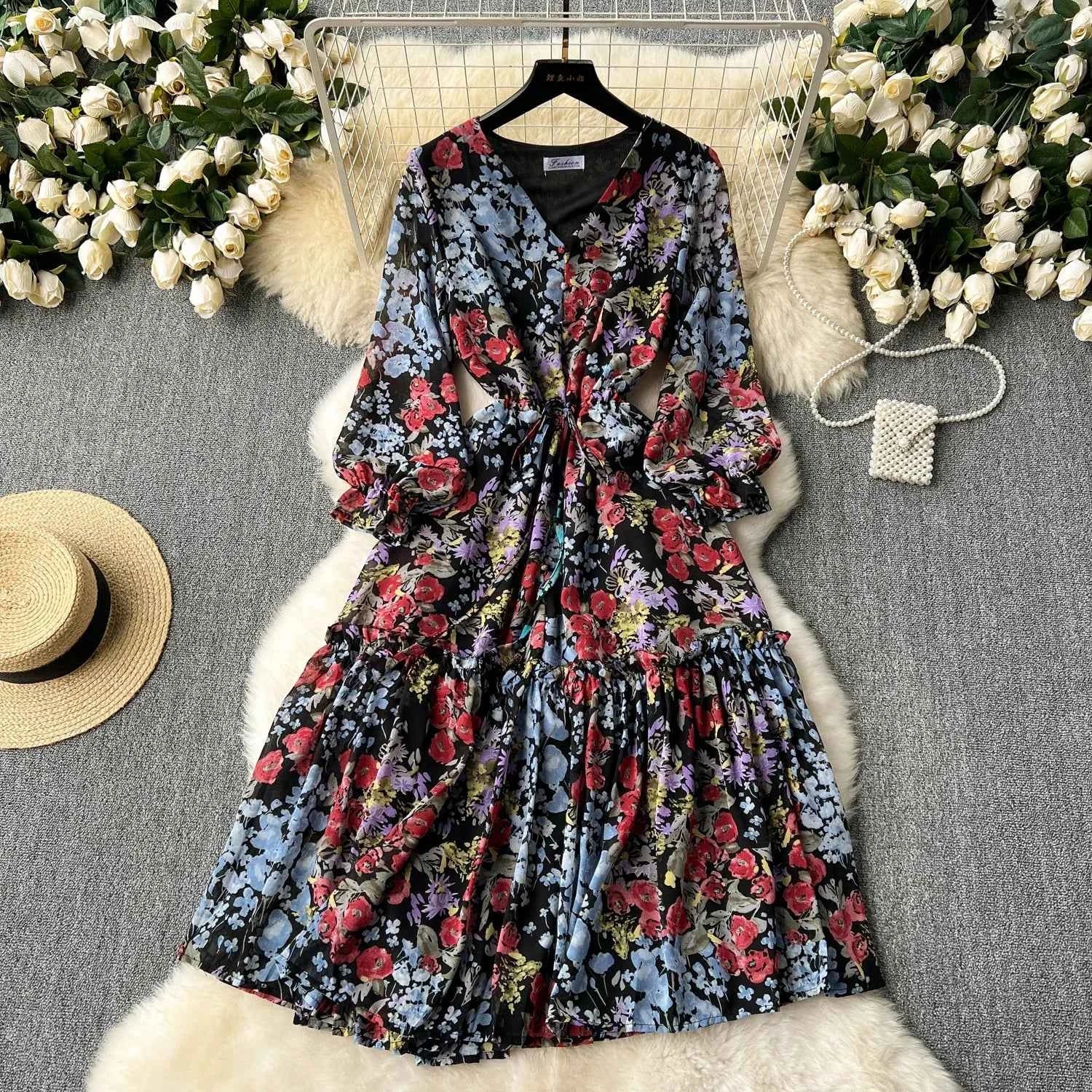 2026 Romantic Floral Print Chiffon Long Sleeve Dress Women Sexy V-neck A Line Beach Vestidos Elegant Elastic Waist Party Dress