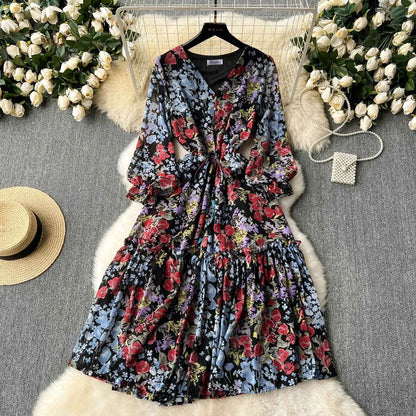 2026 Romantic Floral Print Chiffon Long Sleeve Dress Women Sexy V-neck A Line Beach Vestidos Elegant Elastic Waist Party Dress