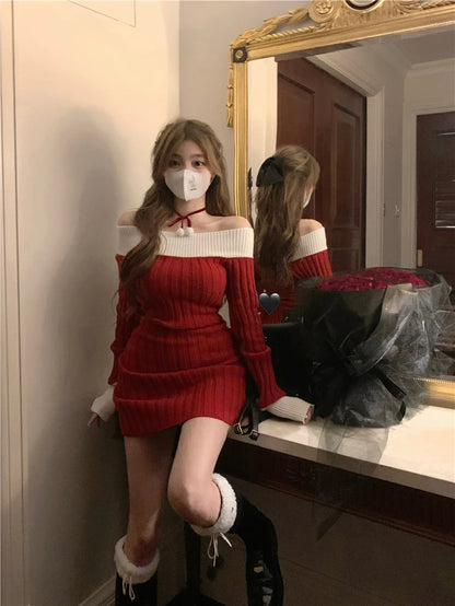 Sexy Red Christmas Dress Women Autumn Winter Korean Style Slash Neck Bodycon Knitted Dresses Female Elegant Y2k Party Mini Dress - AMULET RING STORE