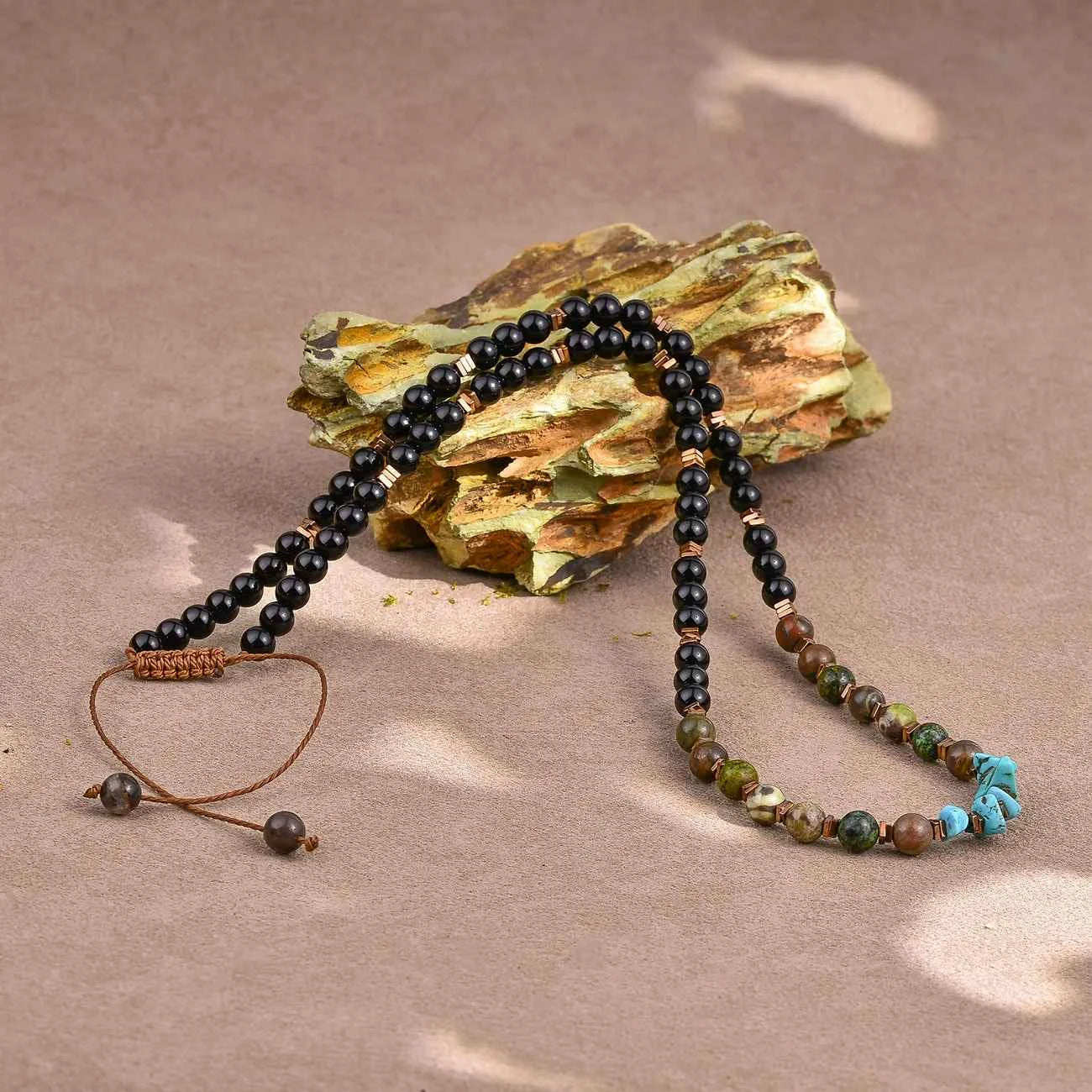 Black Onyx Turquoise Necklace for Men 6mm Natural Stone Beaded Energy Jewelry Adjustable Hand-Knotted Men's Necklace Healing Cry