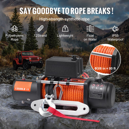 VEVOR 13500lbs Electric Winch Car Truck Winch with 80ft Synthetic Rope Wireless & Wired Remote Control for Towing Off-Road SUV - AMULET RING STORE