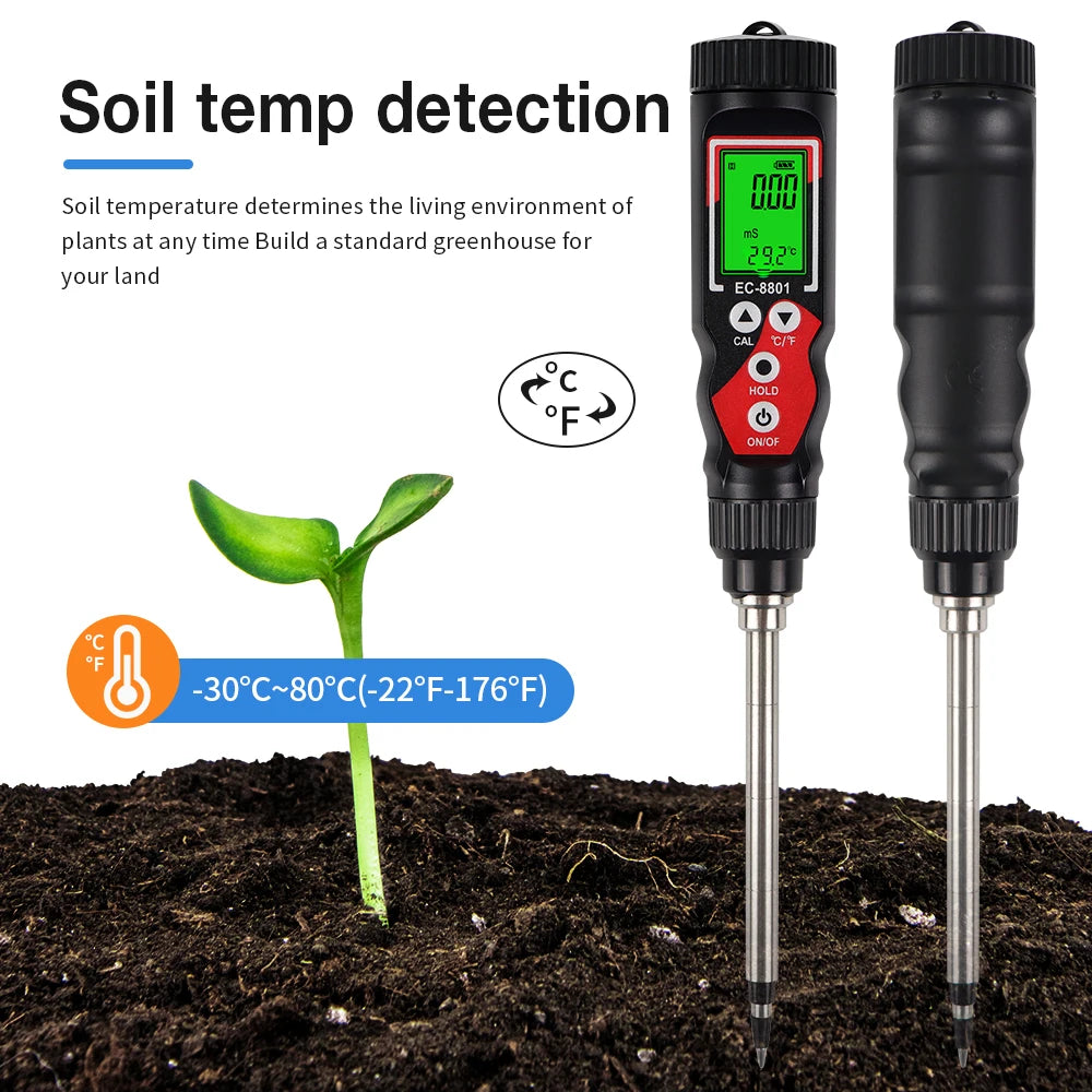 2 In 1 Soil EC Meter Handheld Digital Soil Tester Multifunction EC Temp Detector Backlit Soil EC Analyzer for Garden Greenhouse - AMULET RING STORE