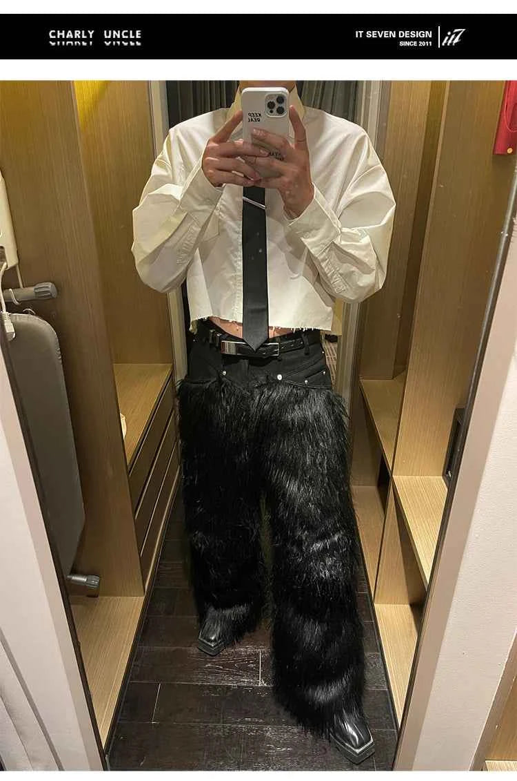 Mauroicardi Autumn Winter Long Black Thick Warm Hairy Shaggy Faux Fur Wide Leg Pants for Mens Luxury Designer Clothes Streetwear