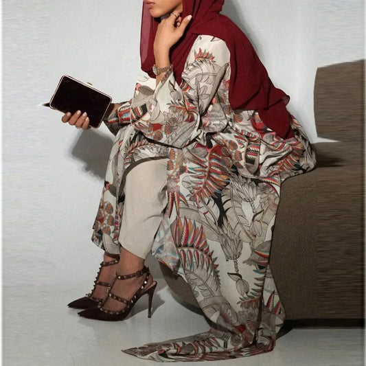 Middle Eastern Loose Printed Floral Abaya Muslim Full Sleeve Open Front Abayas Women Jilbabs Islamic Maxi Dresses Turkey Kaftans - AMULET RING STORE