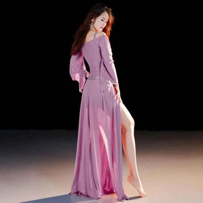 Belly Dancing Wear Outfit for Women Mesh Long Sleeves Top+gauze Long Skirt 2pcs Training Set Oriental Belly Dance Costume Set