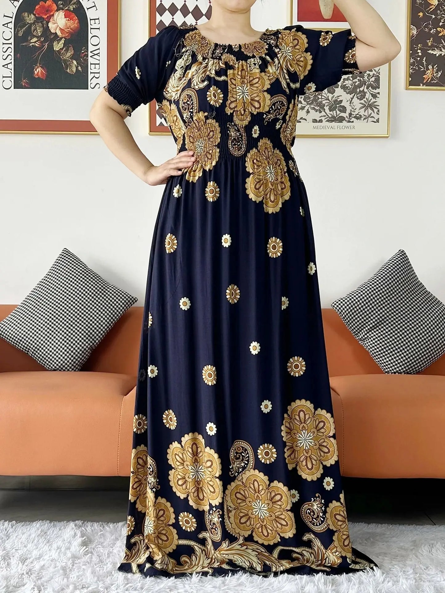 New Summer Women Abaya Short Sleeve Dashiki Floral Collect Waist Loose Maxi Robe Floral Femme Musulmane African Printing Abaya