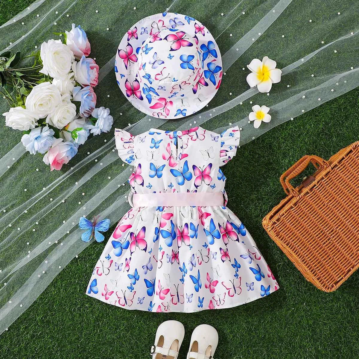 Girls Butterfly Print Dress Set with Flying Sleeves Pink Belt Waist Cinch Matching Hat Ensemble for Children's Clothing