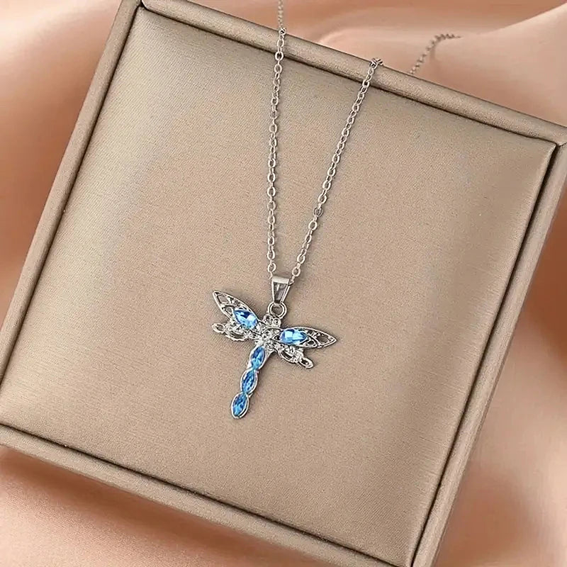 Huitan Blue CZ Dragonfly Necklace for Women New Fashion Animal Pendant Necklace Party Exquisite Girls Gift Statement Jewelry - AMULET RING STORE