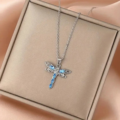 Huitan Blue CZ Dragonfly Necklace for Women New Fashion Animal Pendant Necklace Party Exquisite Girls Gift Statement Jewelry - AMULET RING STORE