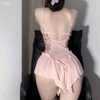 Sexy Deep V Flower Vine Open Crotch Bodysuit Suspender Embroidery Ballet Nightdress Slim Gathered Mesh Bodycon