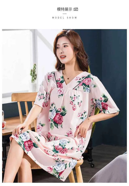 2025 Summer Small Floral Night Dress Women Nightgown Big Yards 3XL Sleepshirts Short-sleeves Nightie Nightdress Cotton Sleepwear