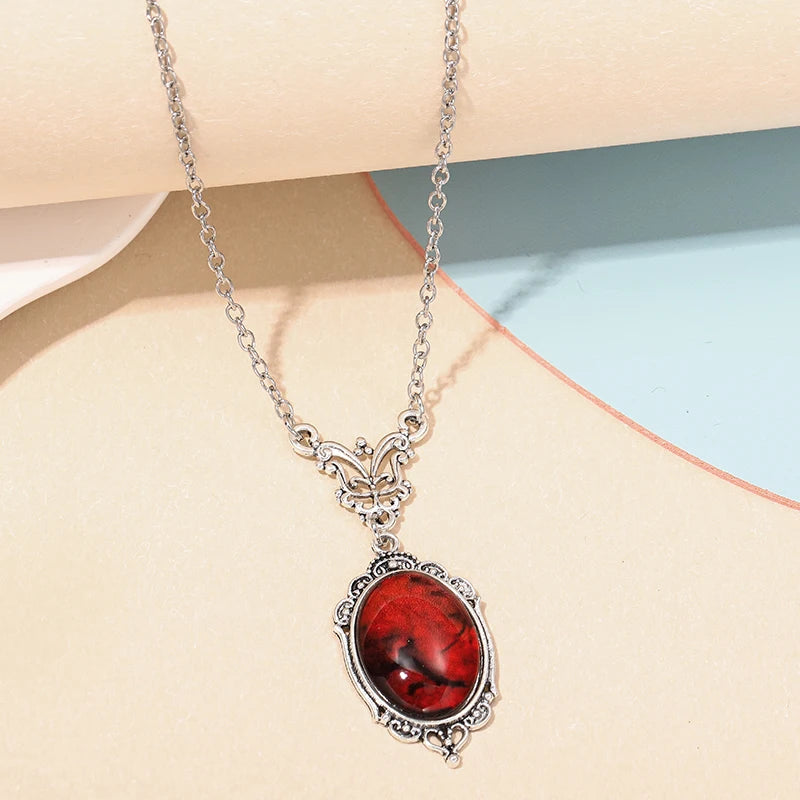 Gothic Blood Red Quartz Charm Necklace Oval Pendant Necklace For Women Halloween Vampire Embossed Witch Jewelry Vintage Chokers