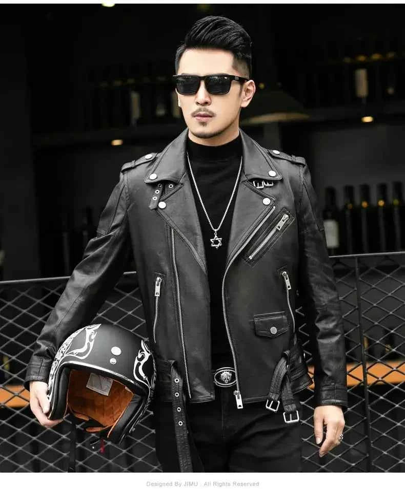 Spring Autumn Short Cool Black Leather Biker Jacket Men Zipper Long Sleeve Belt Plus Size European Fashion brand leather jackets