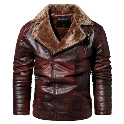 Men's Fur Collar Jacket PU Leather Vintage New Winter Men's Streetwear Thicken Leather Jacket Retro Men Brand Leathe Jacket