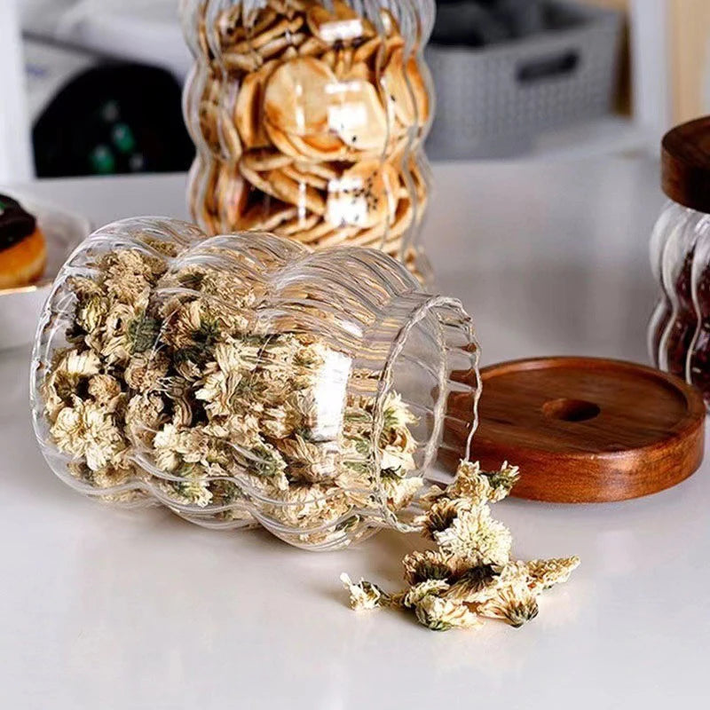 Wood Lid Striped Glass Storage Bottles Sealed Jar Tea Coffee Beans Grains Candy Jars Organizer Kitchen Food Glass Containers - AMULET RING STORE