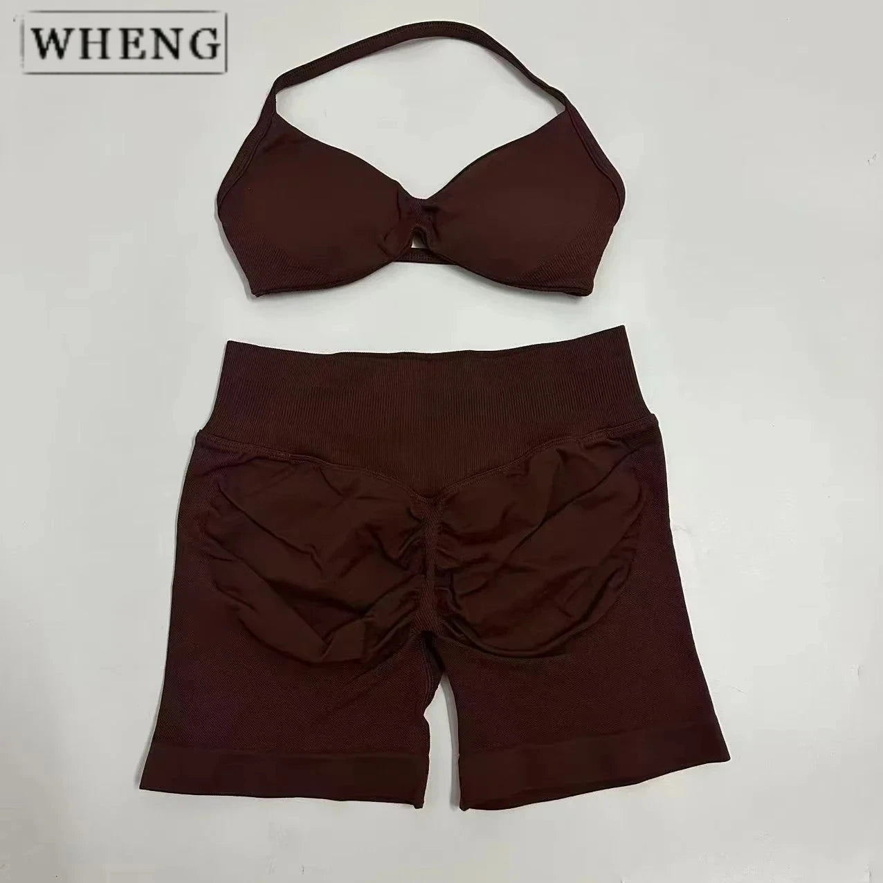 WHENG 2PCS Yoga Fitness Suit Women's Seamless Lace-Up Yoga Bra Top High Waist Workout Scratch Shorts Sports Suit Fitness Suit