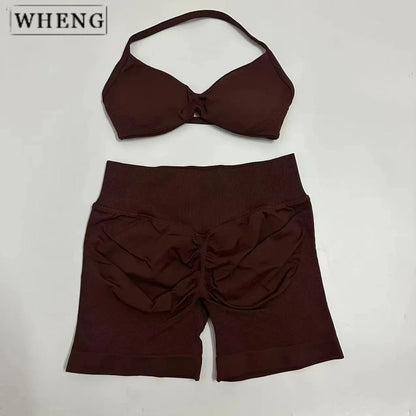 WHENG 2PCS Yoga Fitness Suit Women's Seamless Lace-Up Yoga Bra Top High Waist Workout Scratch Shorts Sports Suit Fitness Suit