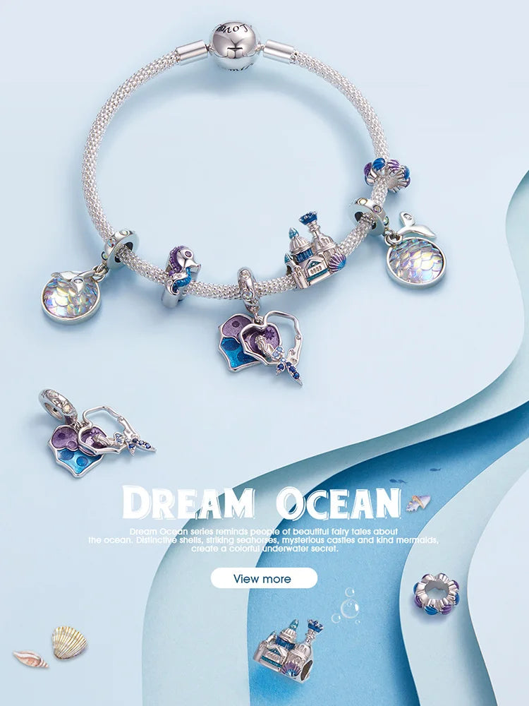 BISAER 925 Sterling Silver Charm Ocean Style Fish Dolphin Mermaid Shell Blue CZ Bead For Necklace&Bracelet DIY Fine Jewelry Gift - AMULET RING STORE