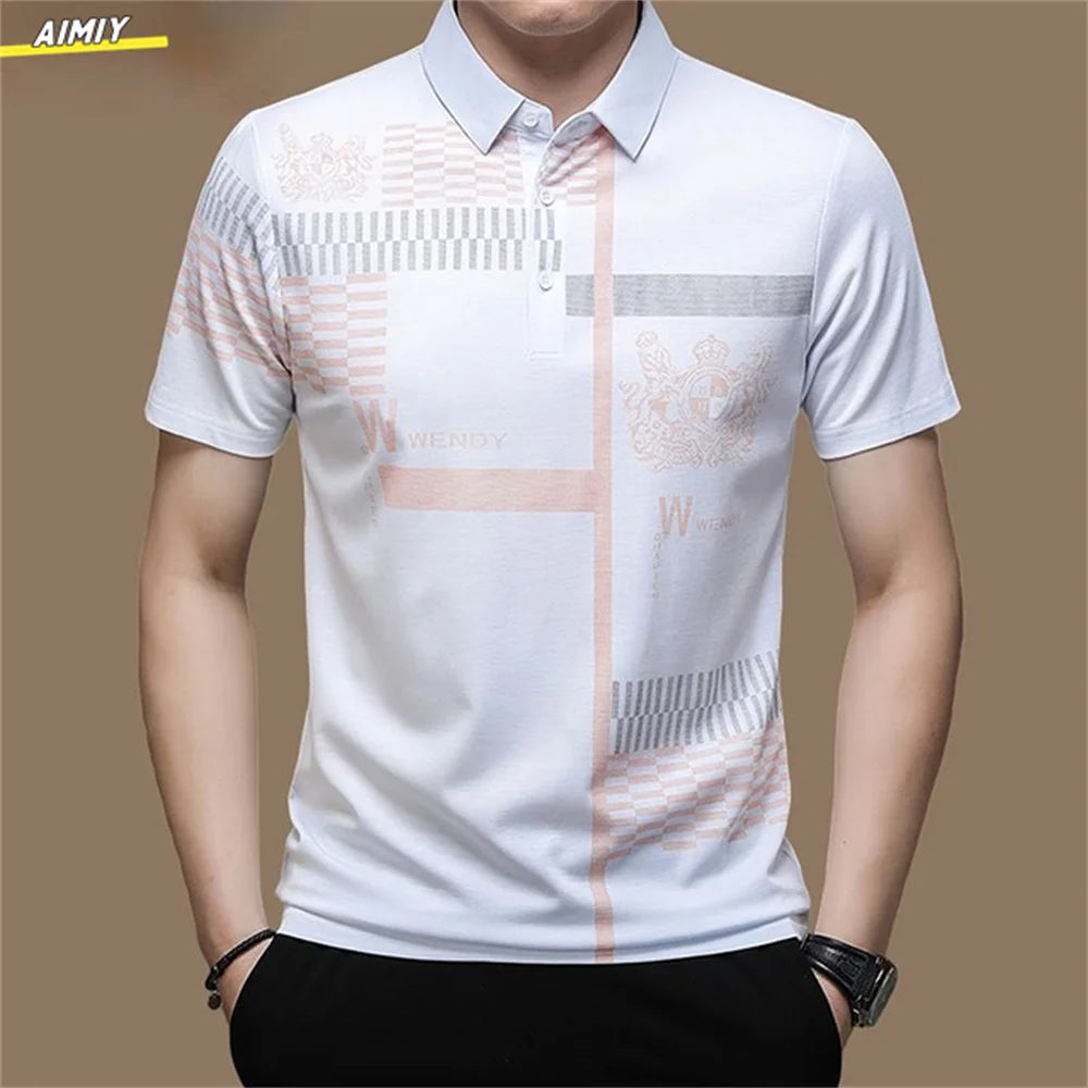 Men's Polo Shirt Business Casual Summer Short Sleeves Tops Pattern Print Button T Shirt Loose Clothes Fashion Polo T Shirt