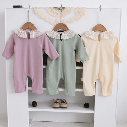 Spring and Autumn Baby Girl Solid Color Cute Doll Collar Long Sleeve Jumpsuit Baby Girl Autumn Jumpsuit - AMULET RING STORE