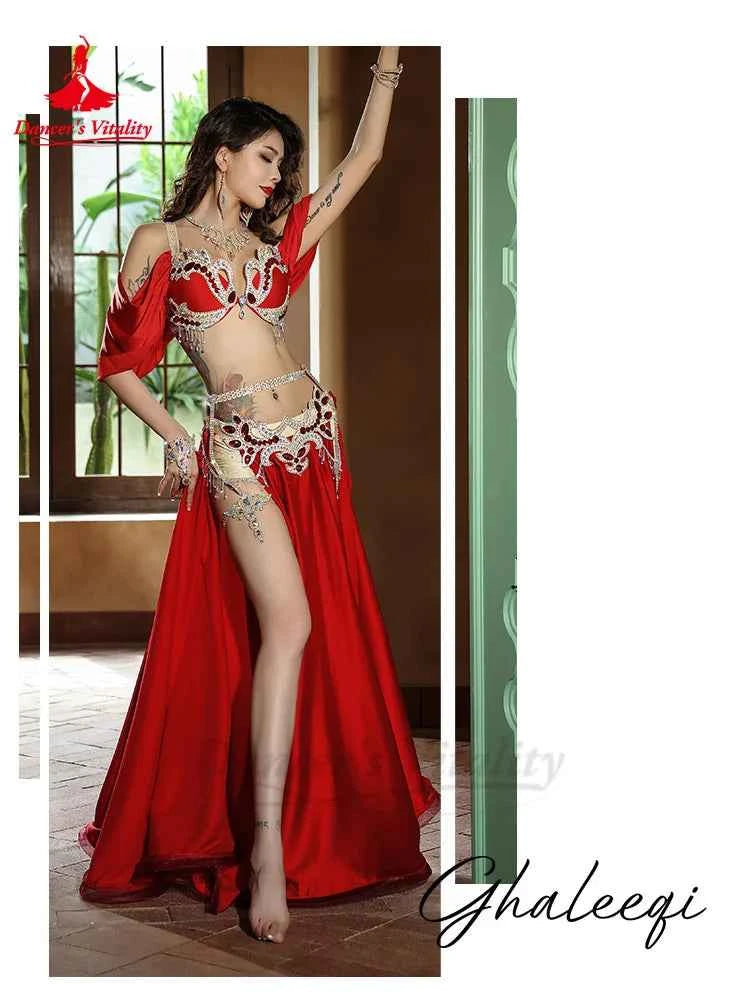 Belly Dance Performance Suit for Women Senior AB Stones Bra+satin Split Long Skirt 2pcs for Women Oriental Belly Dancing Outfit
