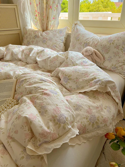 Washed Cotton Duvet Cover Sets Single/Queen/king Flower Printed Bedding Set Princess Style e housse de couette 220x240 with Lace - AMULET RING STORE