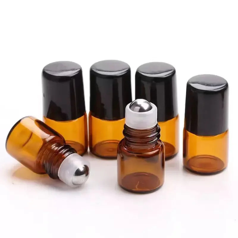 50pcs 1ml 2ml 3ml 5ml Glass Roll On Bottles For Essential Oils Amber Refillable Glass Roller Metal Oil Vials Mini Bottle - AMULET RING STORE