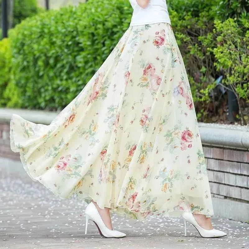 Chiffon Floral Maxi Summer Skirt Women Long High Waist Holiday Dance Skirt Elegant Beach Boho Hot Sale Lady Vintage Girl Fairy