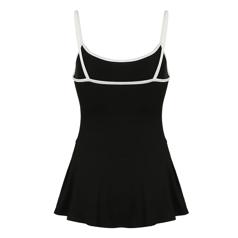 HEYounGIRL Tennis Style Spaghetti Strap Mini Dress Letter Print Contrast Color Sleeveless Women Short Dresses Summer Casual - AMULET RING STORE