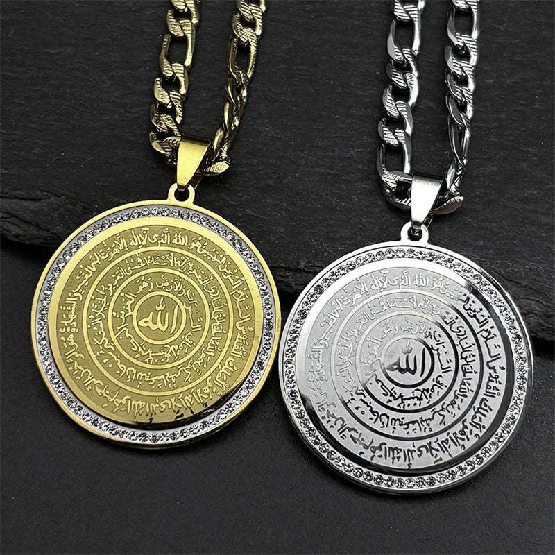 Allah Quran Arabic Letter Rhinestones Necklaces Women Men Stainless Steel Gold Color Islam Muslim Necklace Men Chains Jewelry