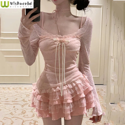 Spring and Summer Girl Temperament Pure Desire Style Lace Sweet New Suspender Cardigan Dress Two-piece Set