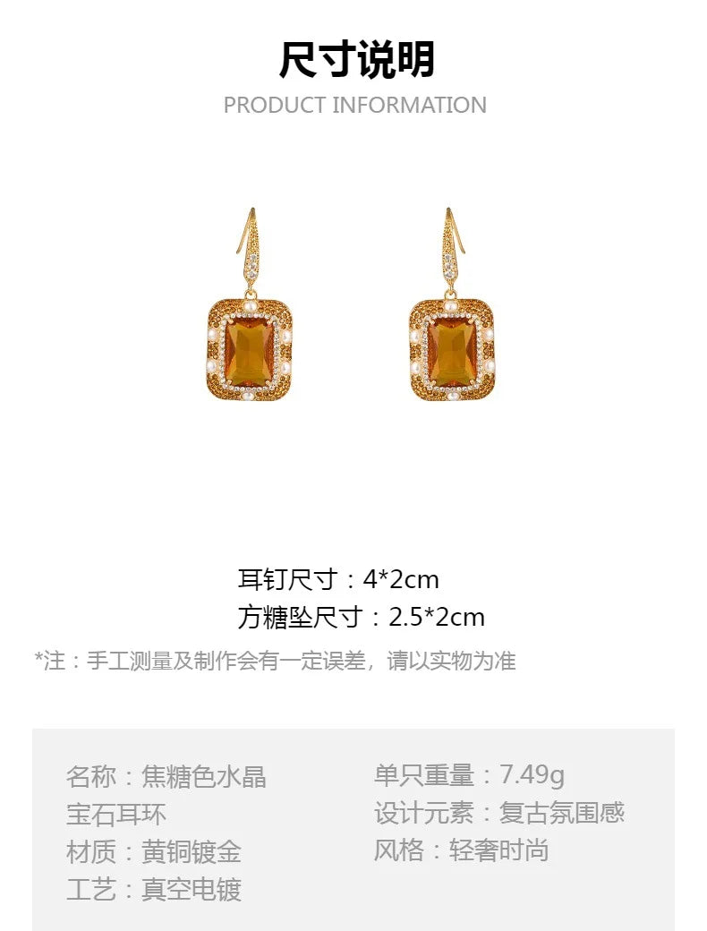 Vintage Crystal & Pearl Earrings, Caramel Cube Drop Earrings, Luxury Geometric Statement Earrings for Women