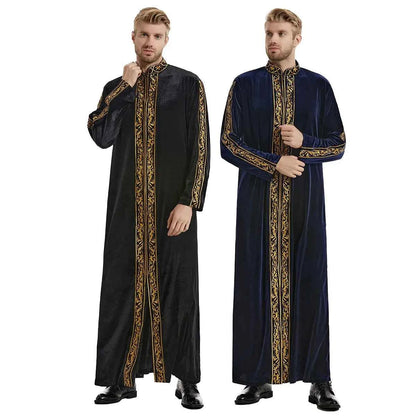 2025  Muslim golden velvet embroidered robe hui thickened embroidered famous thobe for men