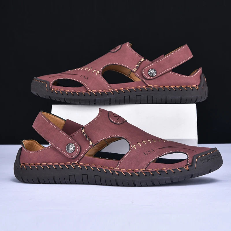 New Handmade Summer Sandals Men Breathable Leather Shoes Man Outdoor Men Sandals Antiskid Beach Sandals Hollow Shoes Fashion
