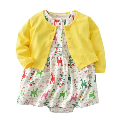Infant Baby Girls Bodysuit Dress Cotton Floral Baby Girls Long-Sleeved Coat+Short SLeeve Dress 2Pieces Baby Girls Clothes sets