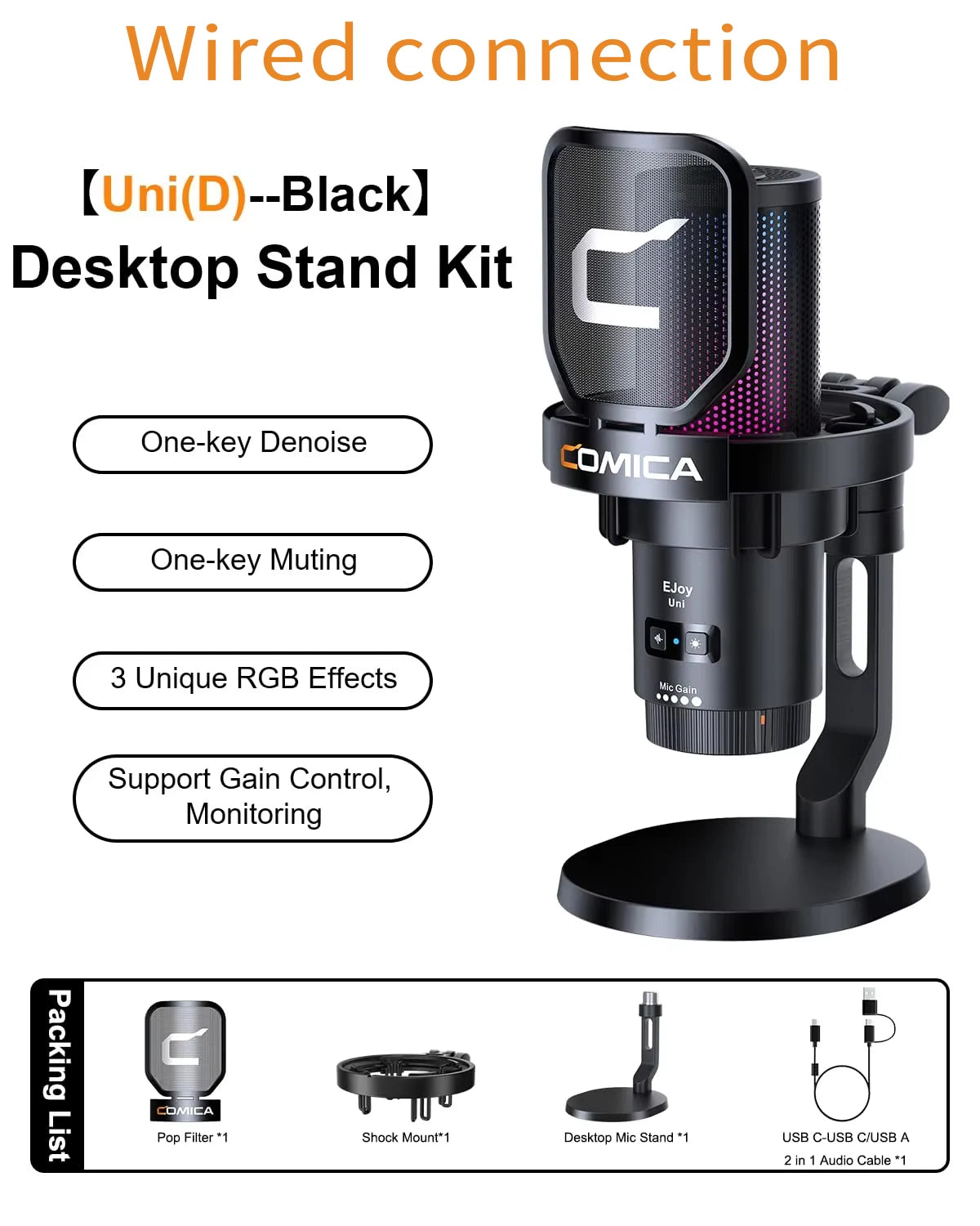 COMICA Uni D Uni A Wired USB Gaming Microphone for PC Laptop Phone Noise Cancellation Condenser Mic With RGB Lighting