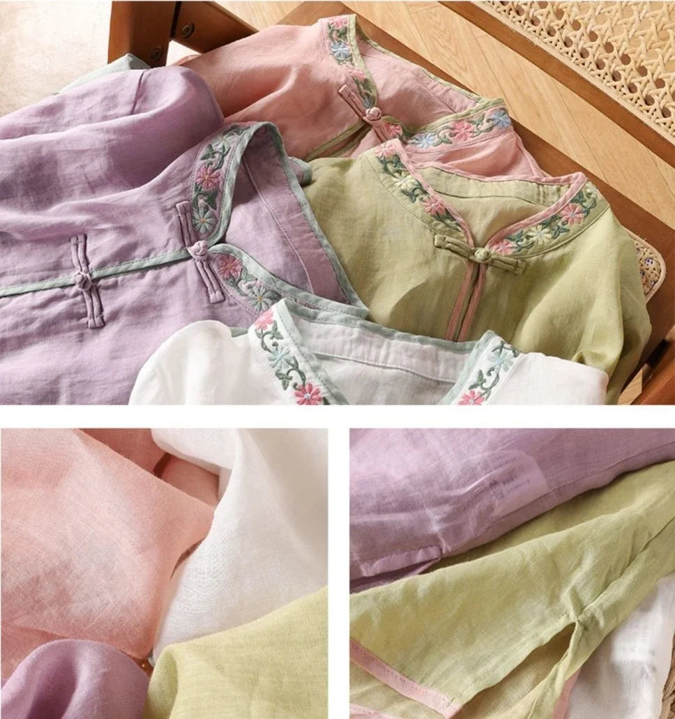 Casual Loose Blouse Shirt Women Clothes Summer Cotton Linen Ladies Tops Tee Blusas Vintage Embroidery Woman Shirt Camiseta Mujer