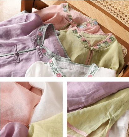 Casual Loose Blouse Shirt Women Clothes Summer Cotton Linen Ladies Tops Tee Blusas Vintage Embroidery Woman Shirt Camiseta Mujer