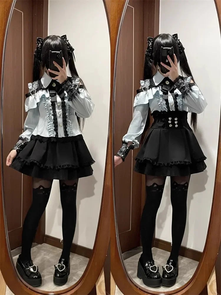 Sweet Gothic Lolita Two Piece Set, Off Shoulder Blouse + High Waist Skirt, Kawaii Tri-color Lace Coord Outfit for Women & Teens