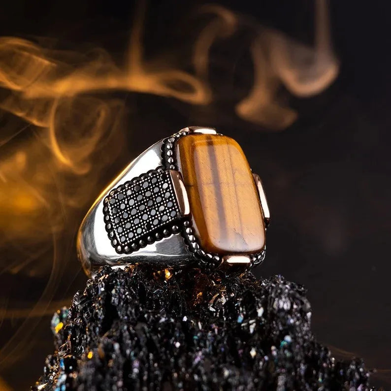 Brown Retro Tiger Stone Men's Ring Personality Ring Fashion Temperament To Attend The Banquet Luxury