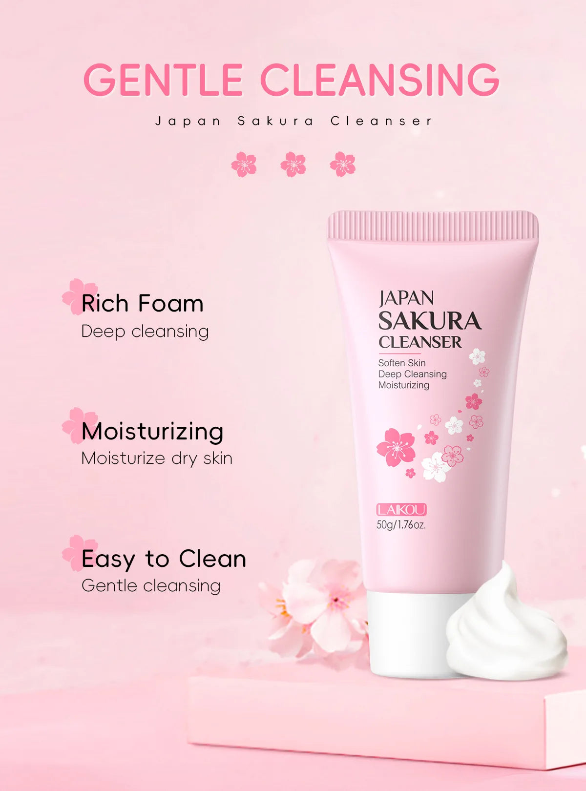 LAIKOU Japan Sakura Cleanser Gentle Deep Cleaning Oil Control Moisturizing Shrink Pores Face Skin Care Skin Cleanser 50g