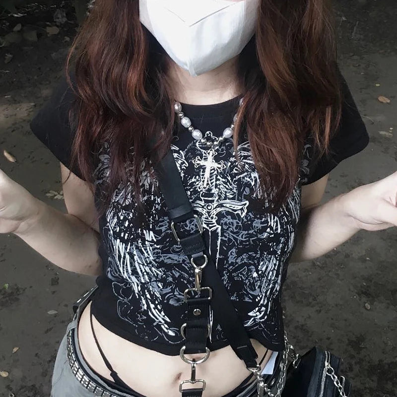 90s FUTURE MILF Stars Print T-shirts Fashion Casual O Neck Short Sleeve Crop Tops Y2K Summer Sexy E-girl Baby Tee Women Clothing - AMULET RING STORE