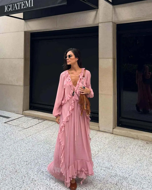 European and American style 2025 early autumn new layered ruffled long-sleeved chiffon dress