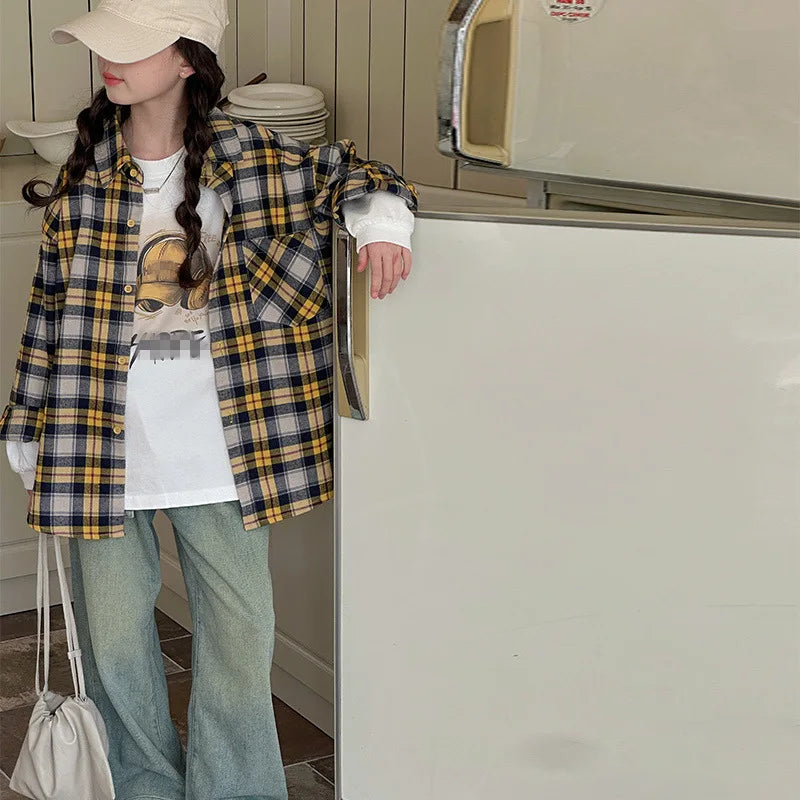 2025 Spring Girls Plaid Shirt Comfort Fashion Teen Kids Tops Clothes Casual All-match Long Sleeve Children Blouse 10 12 13 Years